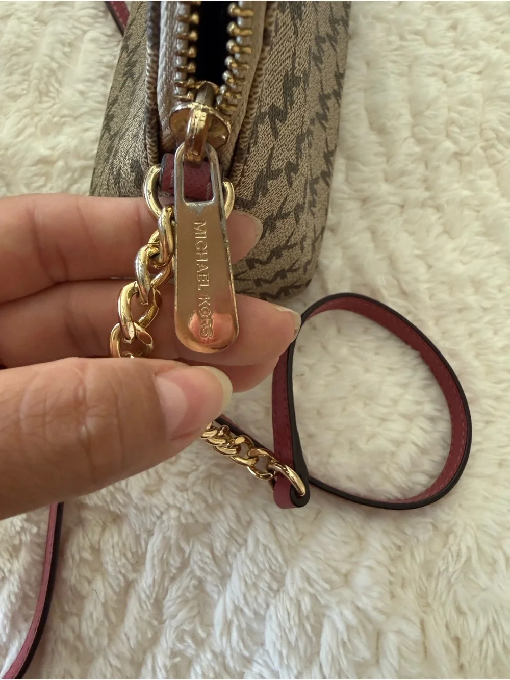 Michael Kors Beige Brown Logo Crossbody with Pink Strap